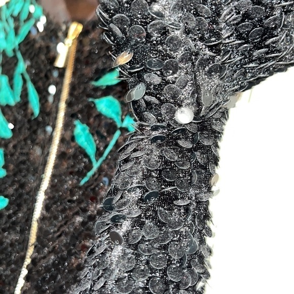 Adorable black sequin full zip bomber jacket embroidered flowers boho bling S - Picture 13 of 15